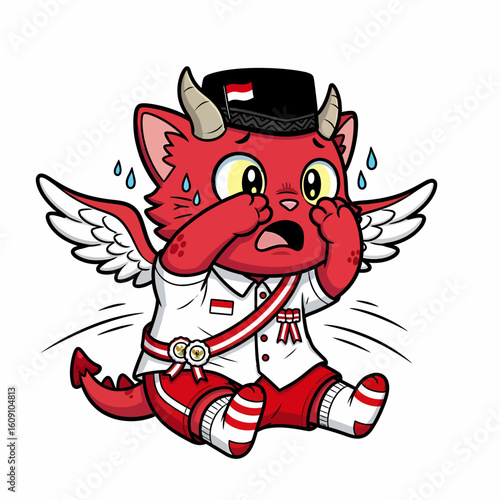 A frightened red cartoon dragon wearing Indonesian attire, looking distressed and sweating.