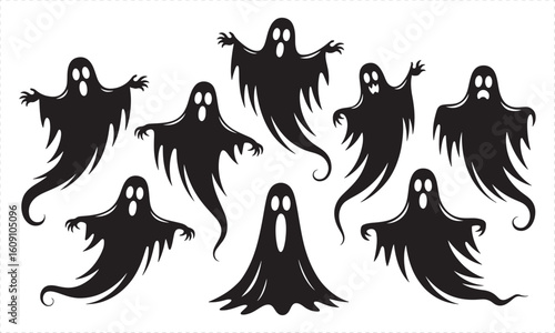 Collection of eight black ghost silhouettes with varied poses and expressions halloween