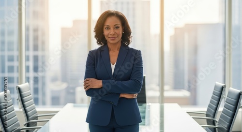 Confident African American Businesswoman Executive Portrait in Modern Corporate Office with City View