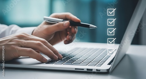 Completing a digital checklist on a laptop, showcasing efficiency and modern technology in task management, Streamlining tasks with digital checklists for enhanced productivity