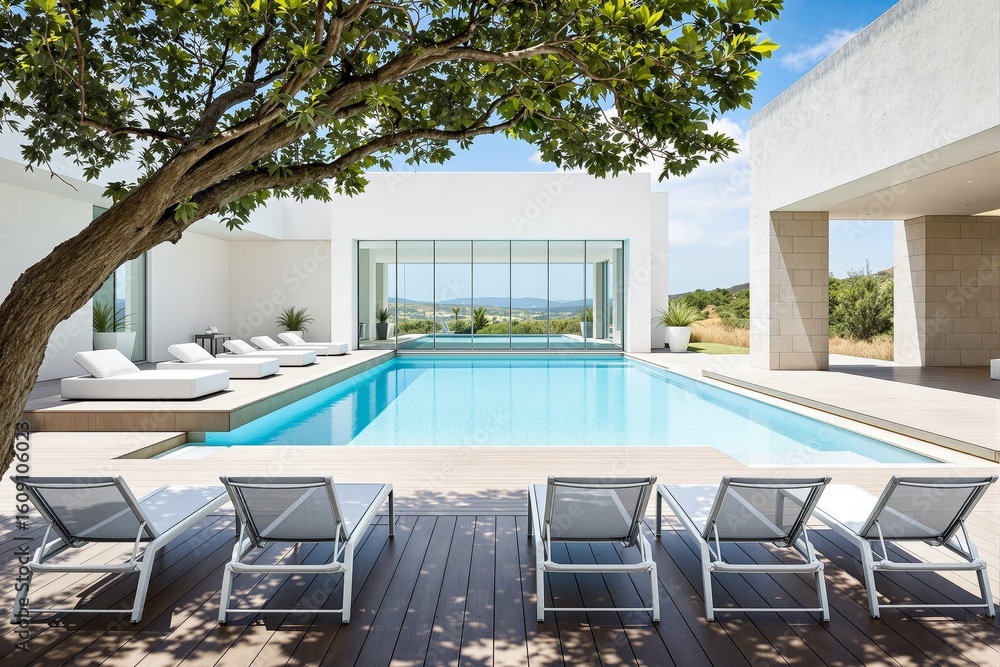 Fototapeta premium Luxury outdoor pool area with lounge chairs and scenic view.
