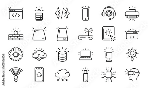 Technology and IT Line Icons Set with Light Up Effect – Coding, Cloud, Networking, Cybersecurity, AI, Server, and Device Interface Symbols on White Background