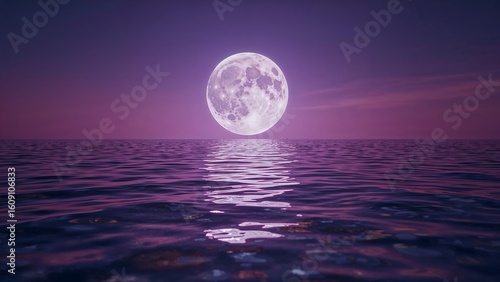 A full moon reflected on the water surface under a purple sky at night time scenery view image