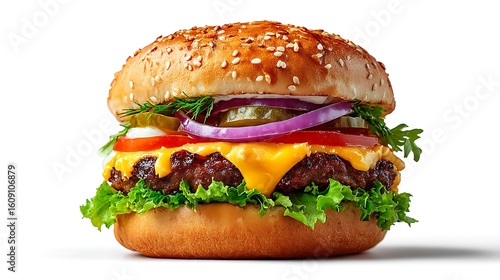 A trendy or tasty burger isolated on a plain white background