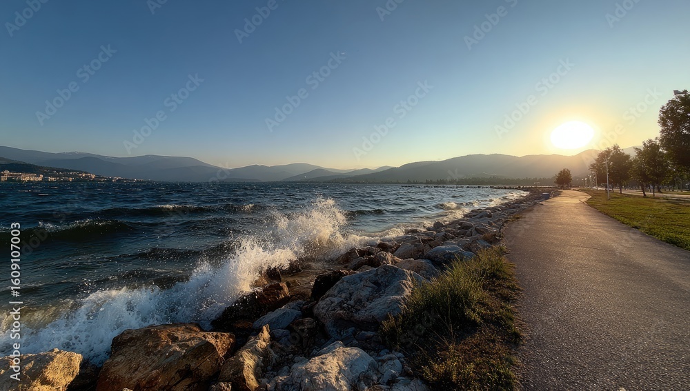 Fototapeta premium Scenic lakefront path at sunset with crashing waves