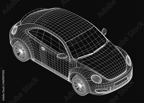 A 3D wireframe model of a car displays intricate structural details on a black background. The transparent mesh reveals the car's iconic curves and framework.