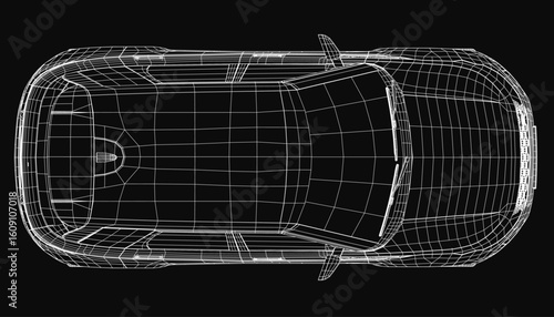 A sleek 3D wireframe model of a car displayed on a black background highlights the intricate interior design. The transparent structure reveals detailed seats, dashboard, and steering wheel.