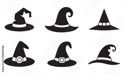 Six black witch hats on a white background with dashed border halloween icon