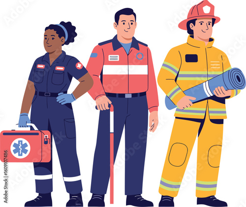 Illustration of a diverse group of emergency responders including a paramedic firefighter and emt staff