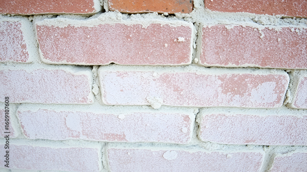 Obraz premium Mineral efflorescence on brick house foundation wall. Efflorescence salt as an indicator of moisture problems in house building construction