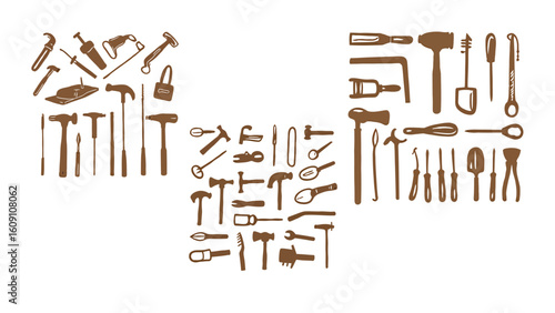 Rustic charm with antique tool collection, evoking nostalgia for bygone craftsmanship featuring hammers, wrenches, and saws for creative vintage designs