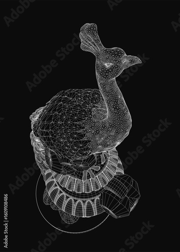 A 3D wireframe peacock stands out against a black background with intricate feather details and a well-defined beak. The white lines create a striking contrast, highlighting the bird's elegant form.