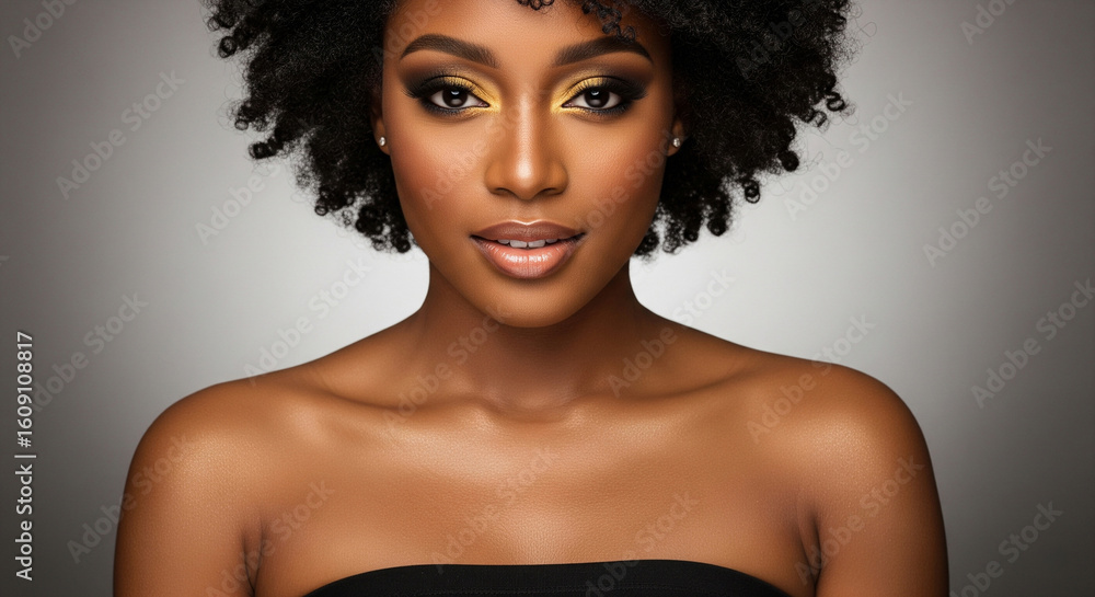 Fototapeta premium Close up glamour portrait of attractive gorgeous African woman with perfect skin wearing sophisticated golden eye makeup