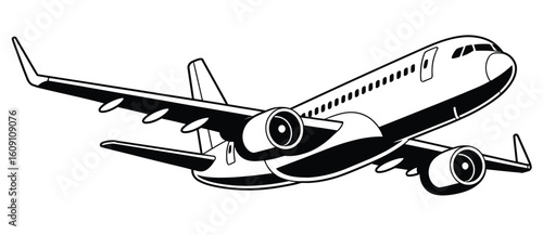  Black and White Illustration of Commercial Airplane in Flight with Visible Landing Gear, Wings, and Engines — Symbol of Travel and Motion