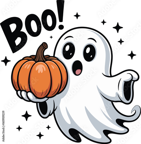Cute cartoon ghost character holding a pumpkin and saying 'Boo!', a fun kawaii Halloween vector illustration for stickers or mascots