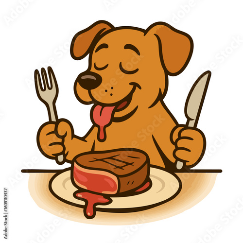 dog eating medium rare steak