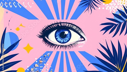 A vibrant, stylized eye in the center of a design featuring pink and blue geometric shapes, tropical leaves, and abstract elements