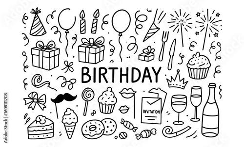 Festive birthday doodles: celebration icons with cakes, gifts, and balloons