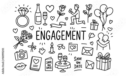 Engagement celebration doodles featuring romantic symbols and proposal elements in hand-drawn style