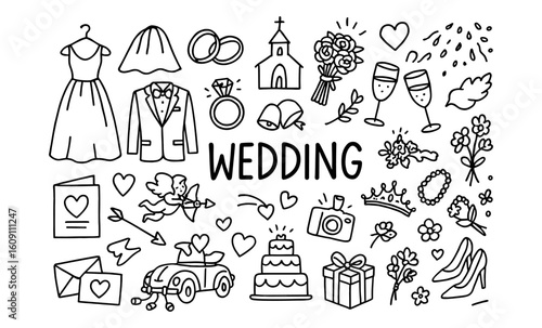 Hand-drawn wedding doodles including dress, rings, cake, and flowers for celebration design