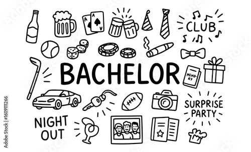 Bachelor party celebration doodle set with fun icons and symbols