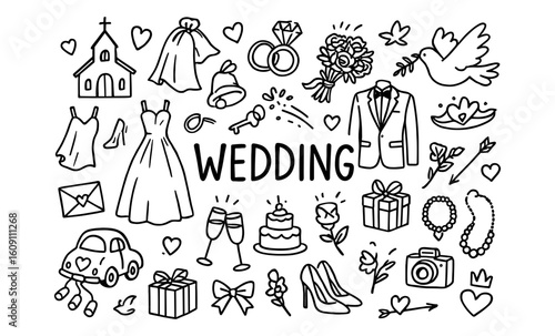 Hand drawn wedding doodles set: dresses, rings, and celebration icons