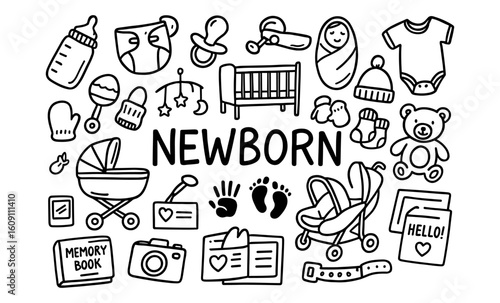 Newborn essentials in minimalist doodle style: crib, stroller, toys, and clothing