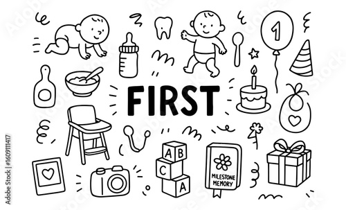 First year baby milestones doodle set: hand drawn icons for celebrating early childhood