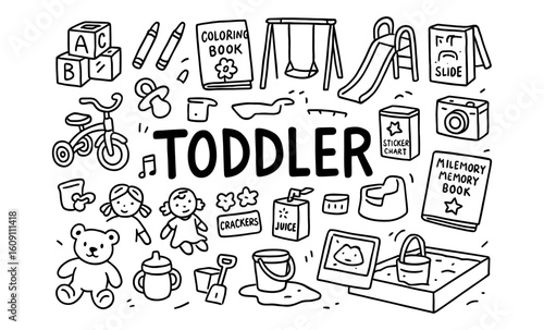 Playful toddler doodle collection featuring toys and activities