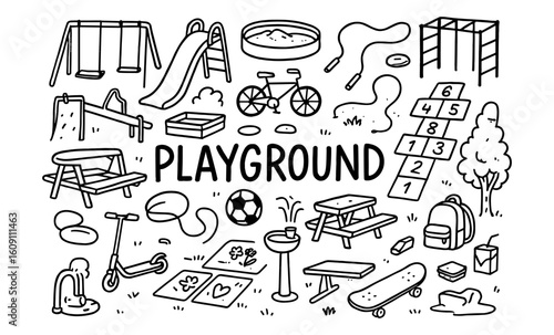 Playground fun: hand-drawn doodles with swings, slides, and games for kids