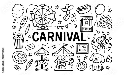 Carnival fun: doodle style celebration with rides, games, and treats