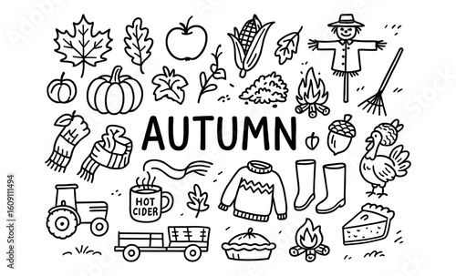 Autumn doodle set with seasonal icons and cozy elements