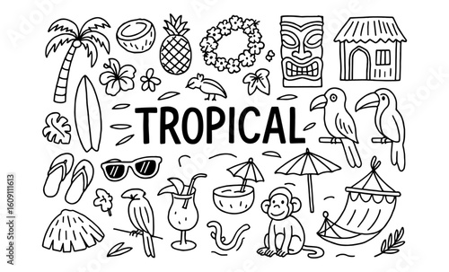 Tropical doodle collection: surfboards, tiki masks, palm trees, and exotic elements