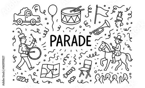 Festive parade celebration with drums, flags, and decorations in doodle style