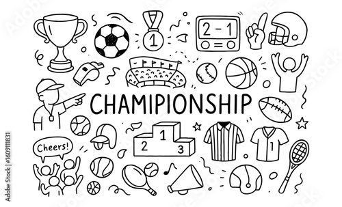 Sports championship doodles: trophies, teams, and fans celebrating victory
