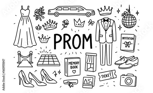 Elegant prom icons set: dress, tuxedo, limousine, crown, invitation symbols