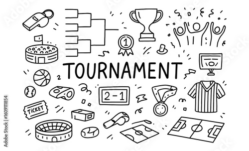 Hand drawn sports tournament doodles with trophy and whistle