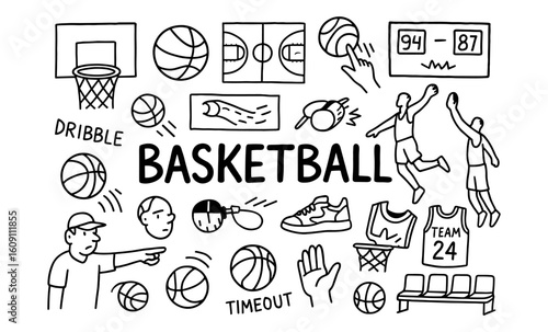 Basketball doodle collection: courts, players, and game elements in hand-drawn style