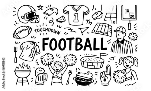 Hand drawn football doodles with touchdown and cheerleader elements