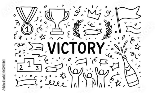 Celebration and achievement doodle with trophies and symbols