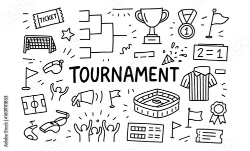 Doodle style tournament icons featuring sports equipment, trophies, and stadiums