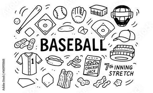 Baseball doodle set featuring equipment and snacks in black and white style