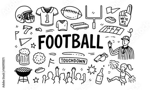 Hand drawn football elements collection including helmet, jersey, touchdown icon