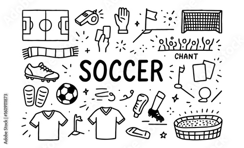 Hand drawn soccer elements with doodle icons and symbols