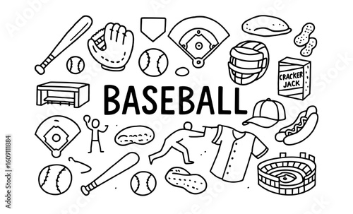 Baseball icons set featuring equipment and snacks in line art style