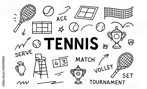 Hand drawn tennis elements with rackets, net, and trophies in doodle style