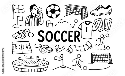 Hand drawn soccer elements: whistle, ball, field, goal, jersey, referee