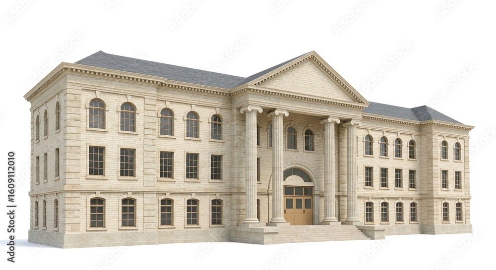 Obraz premium Classic-Style School Building , 3d illustration, isolated on white background