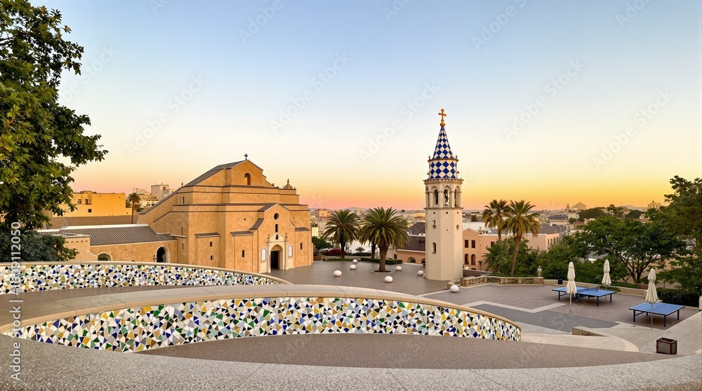 Obraz premium Architectural Landmark with Colorful Tower and Mosaic Plaza