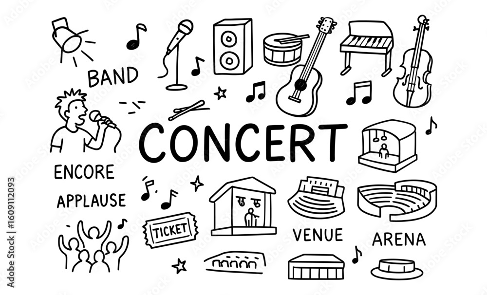 Fototapeta premium Hand-drawn concert elements with music instruments and venue icons
